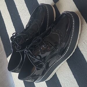ZARA womens black patent platform brogues